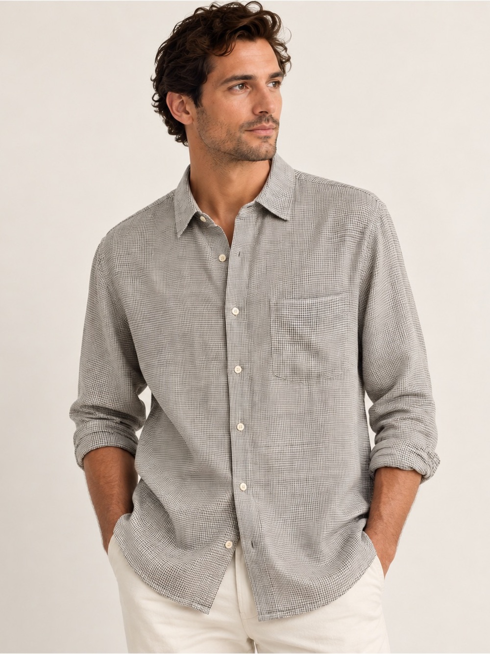 J.Crew Men’s 100% Linen Micro Check Button Down Shirt Gray Large